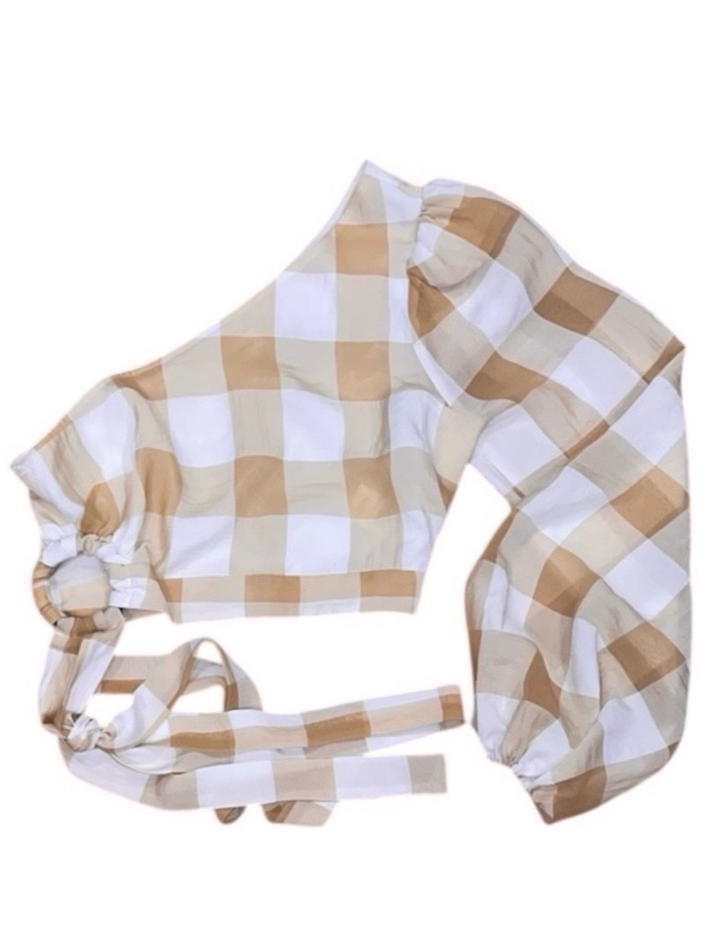 NWOT Lovers + Friends Tan and White Buffalo Plaid One-Shoulder Crop Top